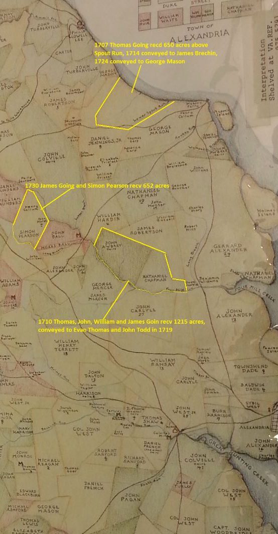 fairfax-map-1760-marked1215acres to Thomas, John, William, and James Goin -653acres to Thomas Going -652acres James Going