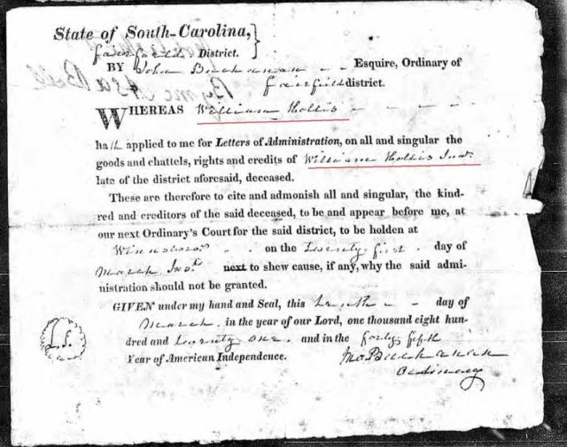 1821 Wm Hollis applied letters of admin of Wm Hollis Jr estate Fairfield SC marked snip