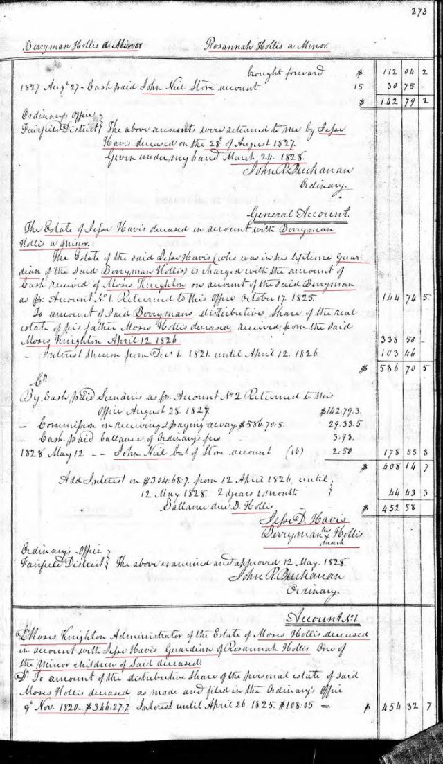 1825 Berryman Hollis and Rosannah Hollis minor children of Moses Hollis probate ppw 1b accounts marked snip