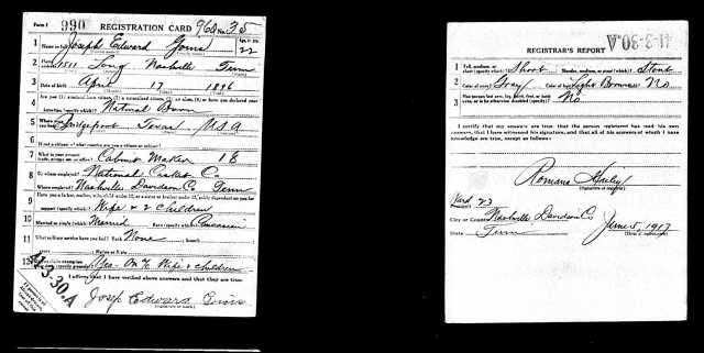 Joseph Edward Goins draft registration card wwI