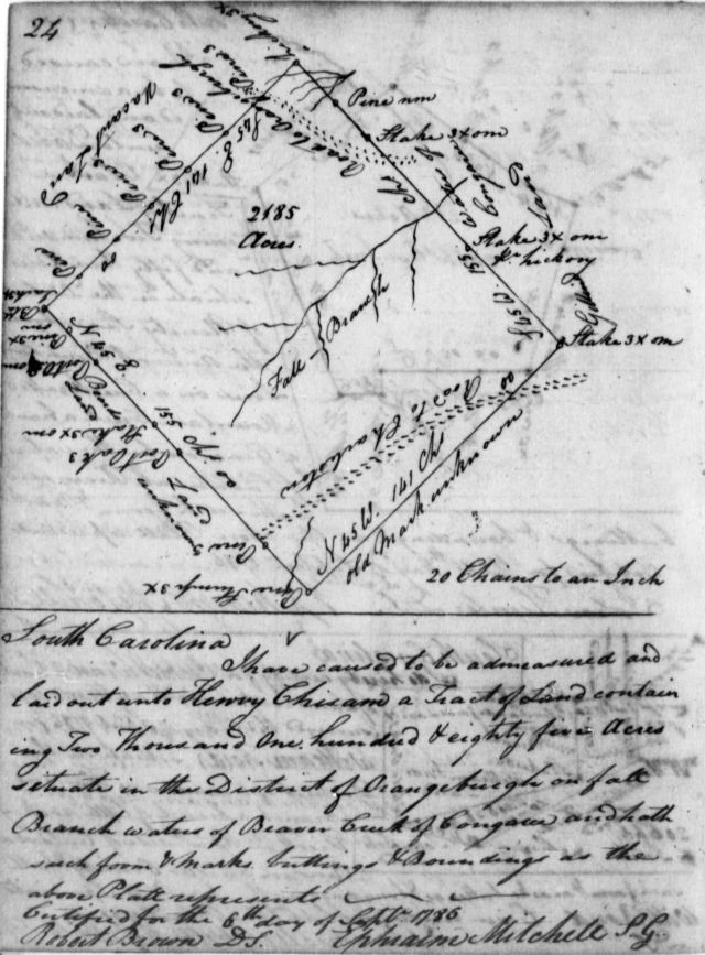 1786 Sept 6 Henry Chisam plat for 2185 acres on Beaver Cr on Congaree Riv SC