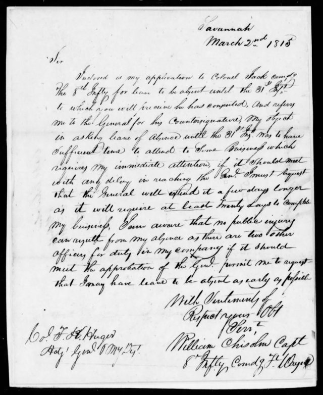 1815 March 2 William Chisolm military corresp in Savannah Co Ga