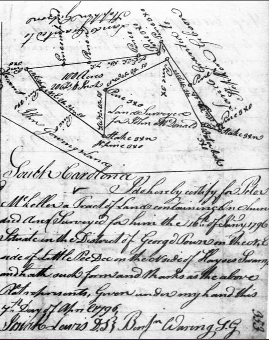 1796 Apr 7 – Peter Mckeller, Plat For 100 Acres On Hayses Swamp adj John Gowing