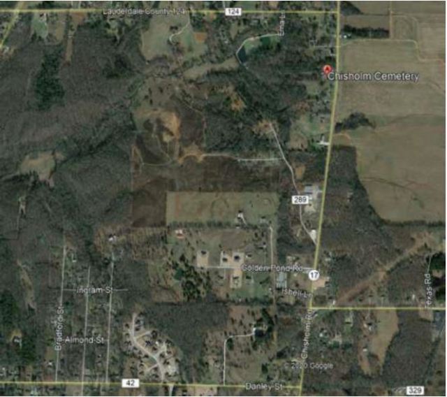 Satellite view of the Chisholm Cemetery located north of Florence, Alabama